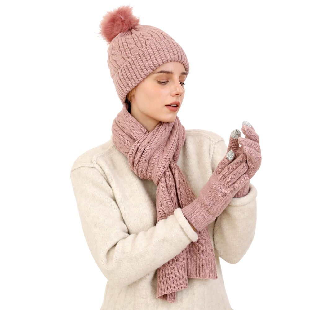 1087 Winter Beanie Hat Scarf Gloves Set Beanie with Pom Long Scarf Warm